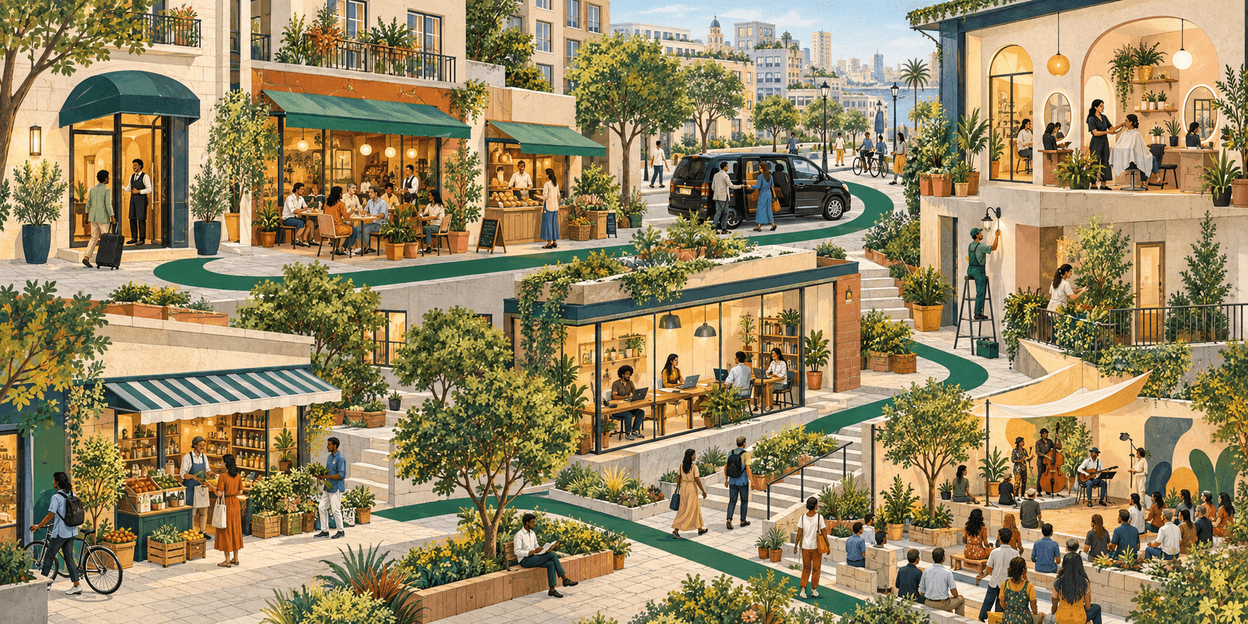 An illustrated neighbourhood where accommodation, food, transport, wellbeing, professional and cultural services are connected by one green route